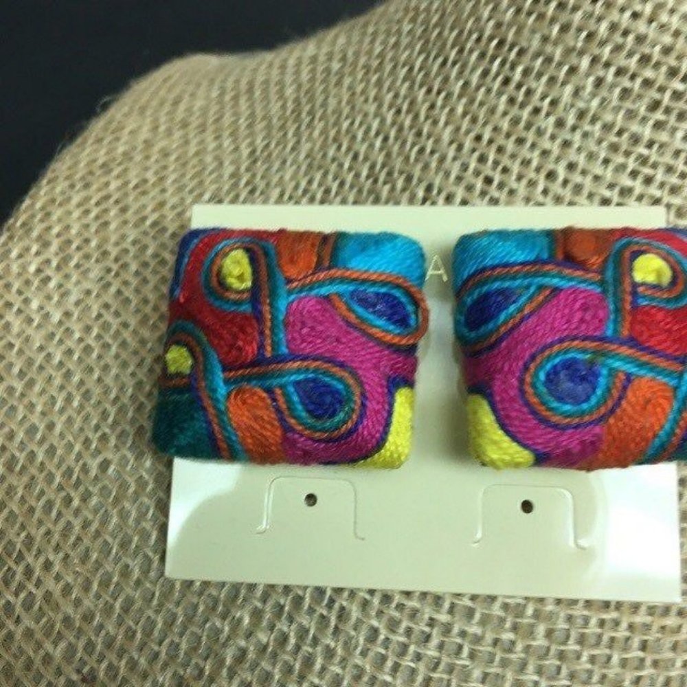 Multicolor Thread Clip Earrings As Is Abstract Embroidery Floss Retro BoHo